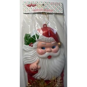VTG Blow Mold Santa Claus Face Plastic Flocked Christmas Wall Hanging NOS